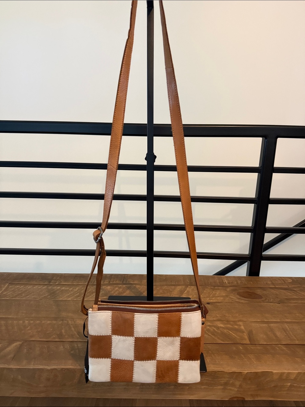 Latico Leather Checkered Crossbody Bag in Tan and Cream Checkered